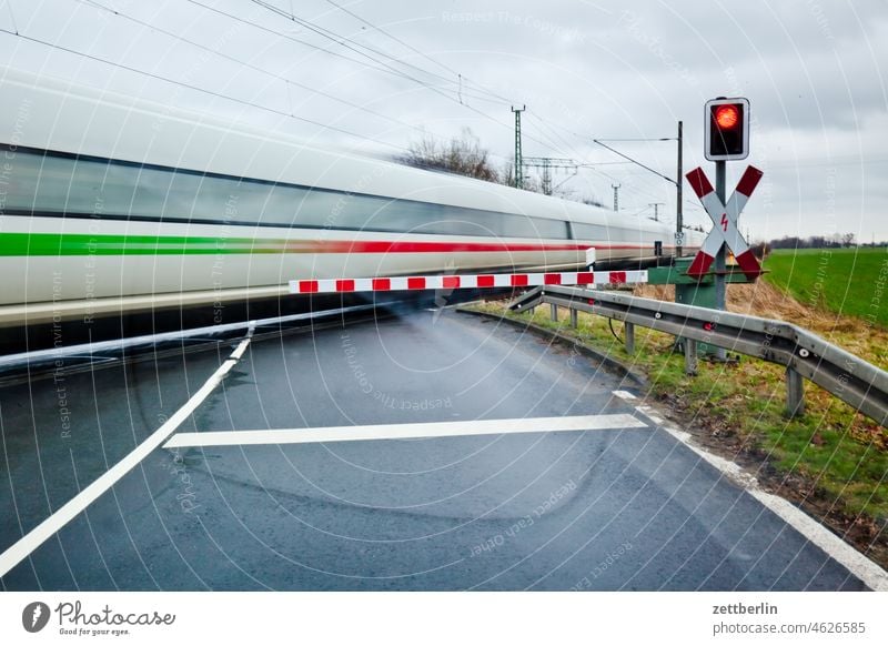 Restricted level crossing St. Andrew's Cross Track railway line motion blur Railroad Closed Hectic Country road Frenzy voyage rails Rail transport swift speed