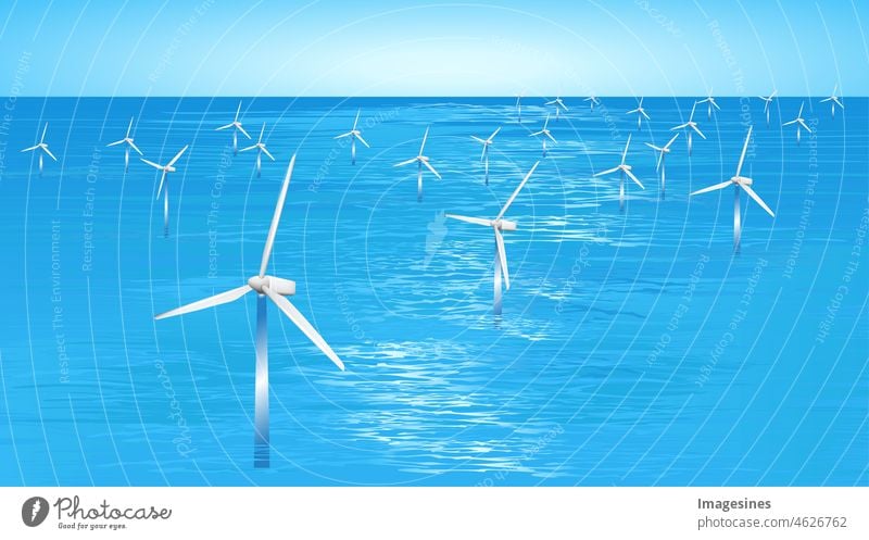 Offshore-Windkraftanlagen auf See. Stromgenerator auf dem Meer.  Naturlandschaft für die Produktion erneuerbarer grüner Energie. nachhaltige Entwicklungstechnologie und umweltfreundliche Industrie.