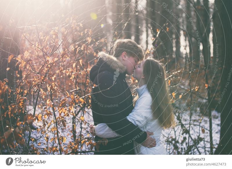 First love, first kiss | portrait of teenage love, young couple embracing intimately in the winter evening sun Love Winter Embrace Infatuation teenager love
