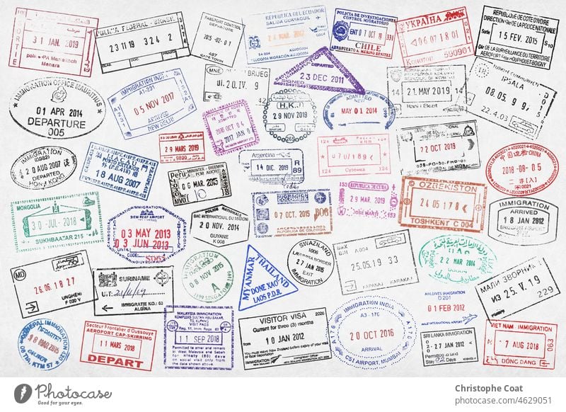 Fullframe close-up on worldwide passport stamps. Emigration and Immigration Horizontal No People Passport Passport Stamp Photography Tourism Travel