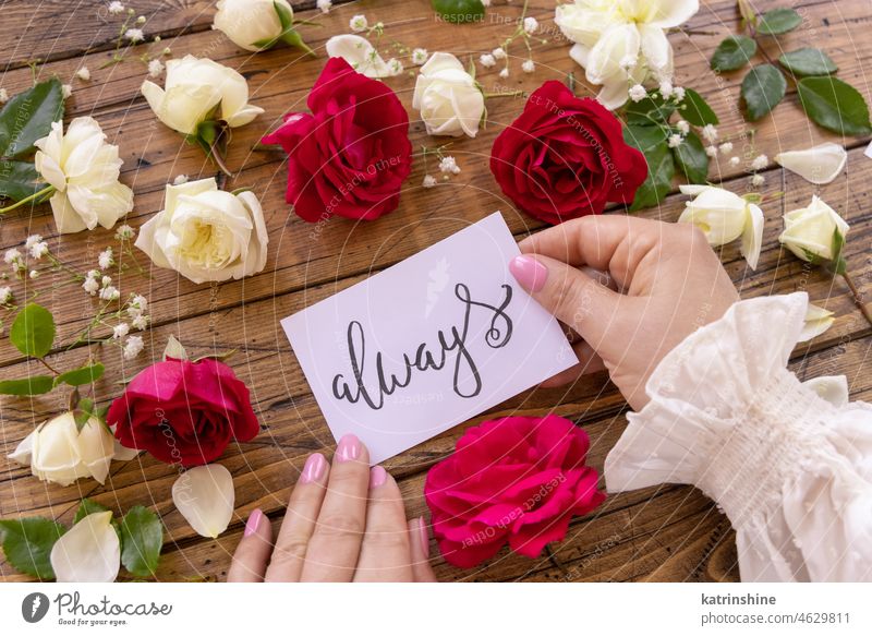 Hands with card ALWAYS near red and cream flowers close up on a wooden table hands handwritten always love romantic roses valentine spring floral greeting