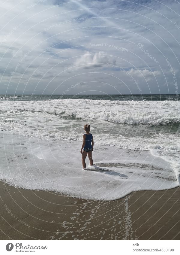 place of longing Ocean Baltic Sea Child Boy (child) White crest Waves Surf stand Beach Summer Summer vacation wide Happy relaxation Place of longing Sky Water