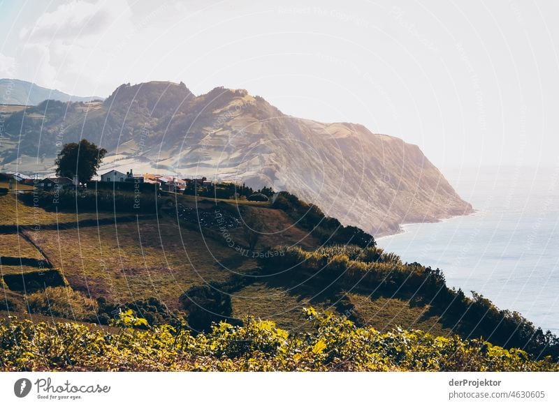 Panoramic view of Azores with coastline Central perspective Deep depth of field Sunlight Reflection Contrast Shadow Copy Space middle Copy Space bottom