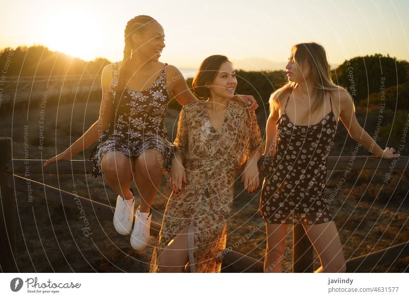 Positive diverse women enjoying time on sandy coast girlfriend talk laugh positive happy sunset friendship fence together female speak communicate delight