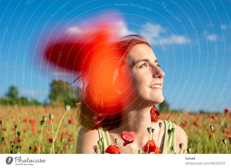 happy girl with red hair in poppy field Girl Poppy Laughter Poppy field Youth (Young adults) poppy flower youthful teenager Meadow Flower meadow fortunate