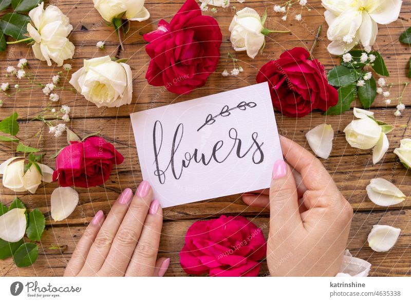 Hands with card FLOWERS near red and cream flowers close up on a wooden table hands handwritten love romantic roses valentine spring floral greeting lettering