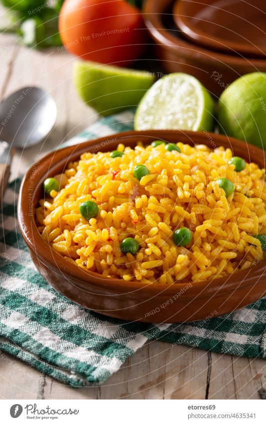 Traditional Mexican rice served with green peas chilli cooked dinner flavor food grain healthy homemade meal mexican recipe spanish spicy tomato traditional
