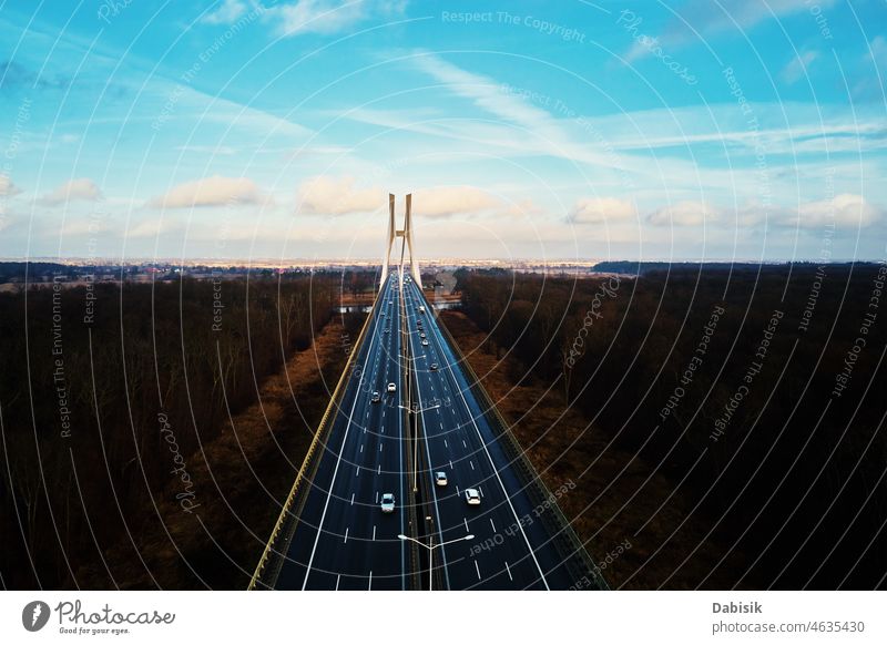 Large bridge over river with cars traffic aerial transport road highway landscape wroclaw redzinski nature bird eye view sky moving driving top city overhead