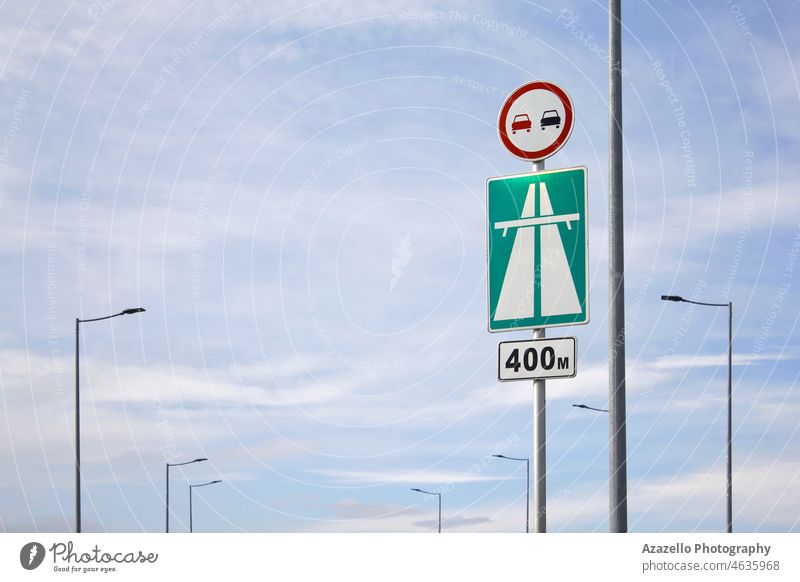 Traffic sign view against the blue sky. board caution circle city concept direction drive driveway highway icon idea info information isolated lane law limit
