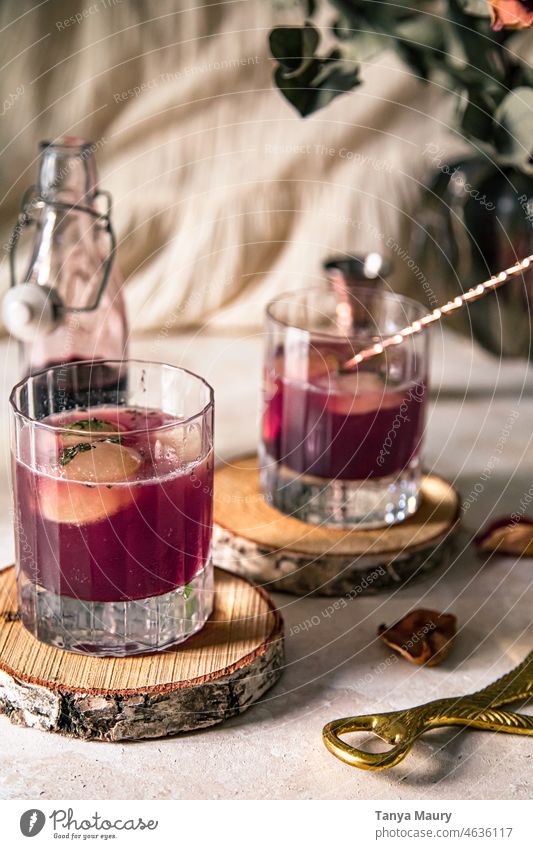 Moody picture of a cocktail recipe with edelberry syrup Alcoholic drinks Glass Bar Beverage Cocktail alcoholic drink Summer Colour photo Longdrink Cold drink