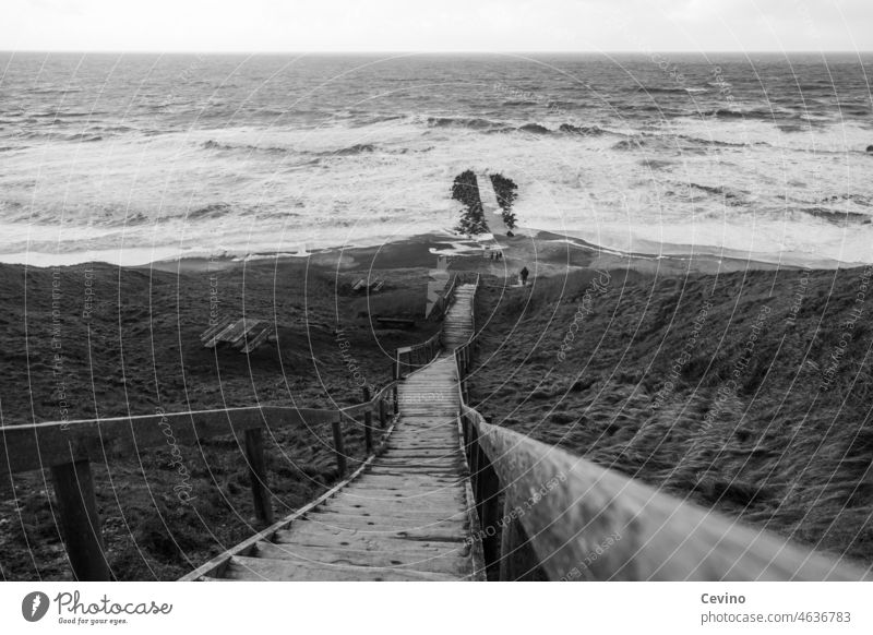Stairs to the sea Ocean Beach coast Waves Lake Rough Sea wooden staircase departure Gale Sand Wind Nature Exterior shot Horizon access to the sea Landscape