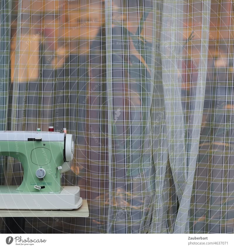 Sewing machine in green in front of curtain in shop window of alteration tailor shop Shop window Tailor's shop tailoring Craft (trade) Small business Curtain