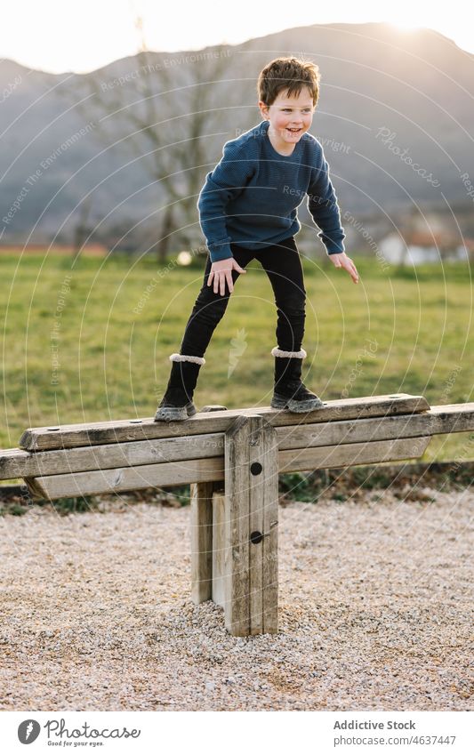 Cheerful boy standing on wooden seesaw kid playground entertain childhood amusement cheerful countryside smile balance happy mountain focus playful summer