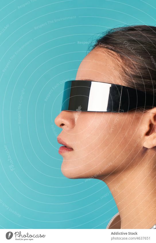 Ethnic woman with virtual reality in futuristic glasses style simulate augmented portrait trendy experience digital vr female young ethnic brunette goggles