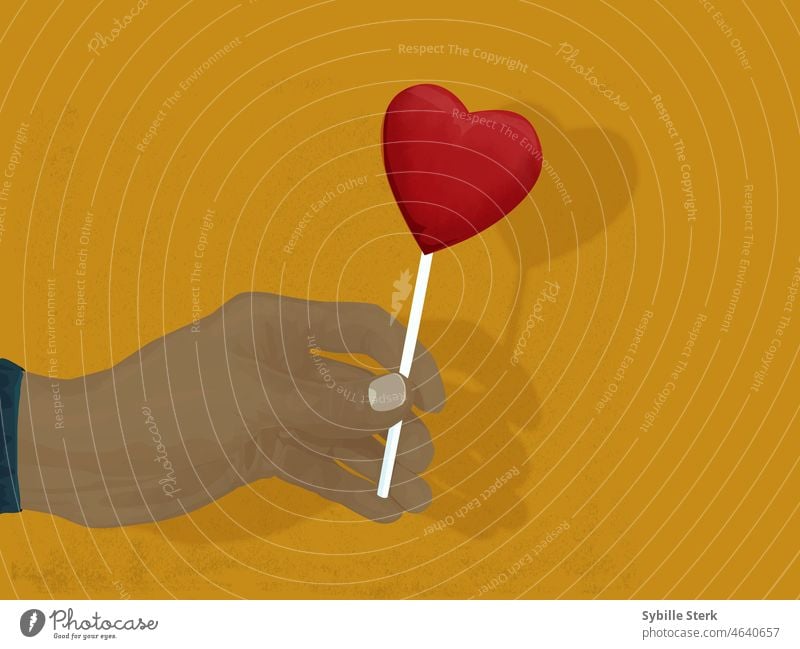 man's hand holding out heart shaped lollipop Heart-shaped heartshape Love Valentine's Day Infatuation Romance Declaration of love Red Emotions