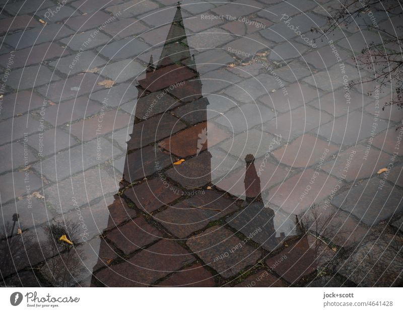 Church and cobblestone Cobblestones Double exposure Structures and shapes Dark Silhouette Low-key Reaction Illusion Perspective Surrealism Prenzlauer Berg