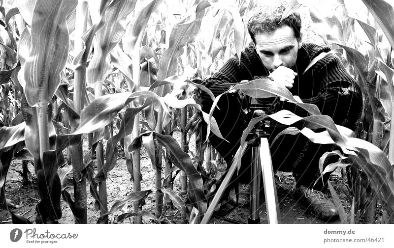 The Photographer Man Crouch Field Black White Tripod Hand Pants Jacket Grief Think zdenek Sit Black & white photo Maize Camera milolta conica