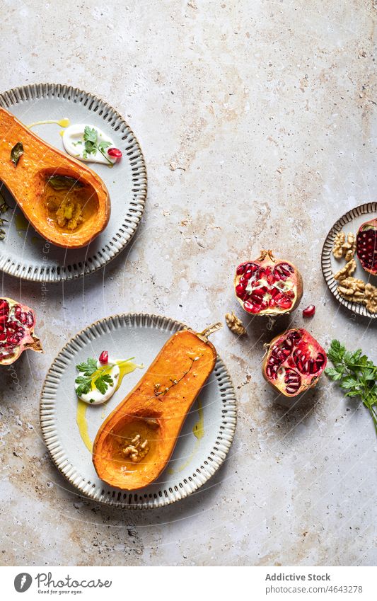 Roasted pumpkins and pomegranates meal vegetable roast homemade food culinary healthy food tasty delicious seed yummy cuisine nutrition light appetizing kitchen