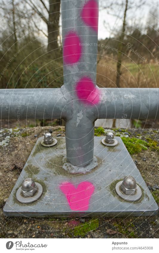 Heart and dots in pink on metal railing Metal Screw Silver points Steel Stone Crucifix Love Street art Colour Colour photo Exterior shot Day Graffiti Sign Spray