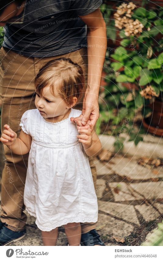 Little blonde girl holding her father hand in the garden. Child looks curious. Childhood and family concept. dad childcare daddy holding hands relationships