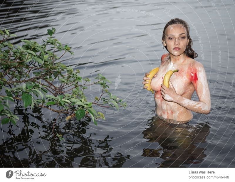 With her sexy curves in body paint this girl is enjoying the water. Naked brunette model is holding bananas in her hands for censored purposes in this case. Gorgeous woman is all wild and free.