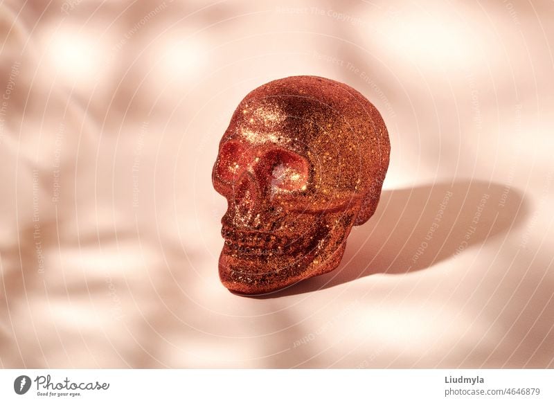 Orange skull covered with sequins on a beige background with shadows. beauty human esoterica jaw decorative skull creepy autumn magical celebrate bones symbol