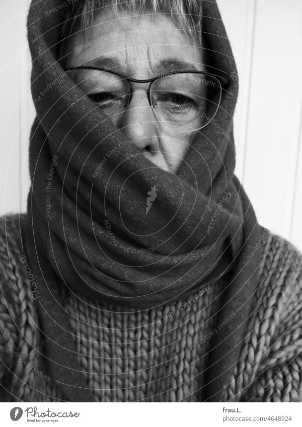 Veiled or masked Old Woman portrait Face Scarf Woolen cloth Wool sweater Eyeglasses tired Masked obscured forbidden frowned upon Drooping eyelids gray hair