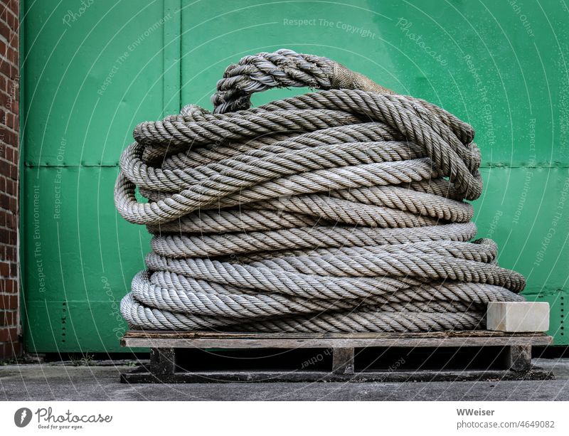 A huge rope roll in front of a green metal door in the old harbor Dew Rope Rolled Coil Plaited Green Colour Harbour Hamburg store pallet Ramp Rotated Goal