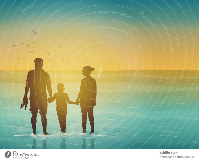seaside fun family water waves sunset holding hands mother father child young boy silhouette holiday beach walk birds wet happy happy family