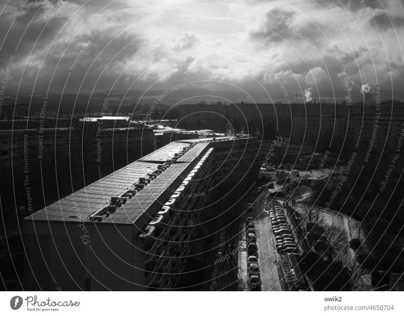 Flat roofs Prefab construction Development area Black & white photo Apocalyptic sentiment Dark Wet Threat Sunlight Twilight Panorama (View) Day Weather Clouds