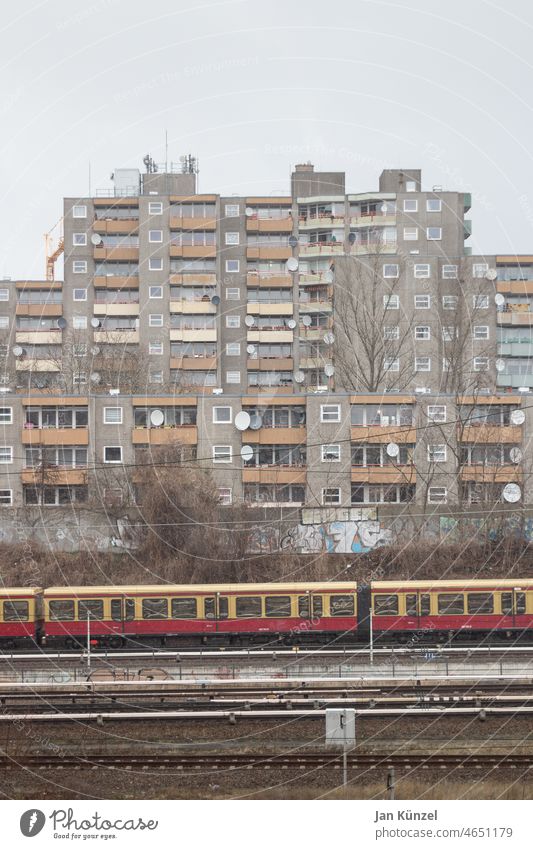 Residential complex and S-Bahn tracks in Berlin-Gesundbrunnen well of health Building Apartment Building Settlement High-rise Commuter trains Railway tracks
