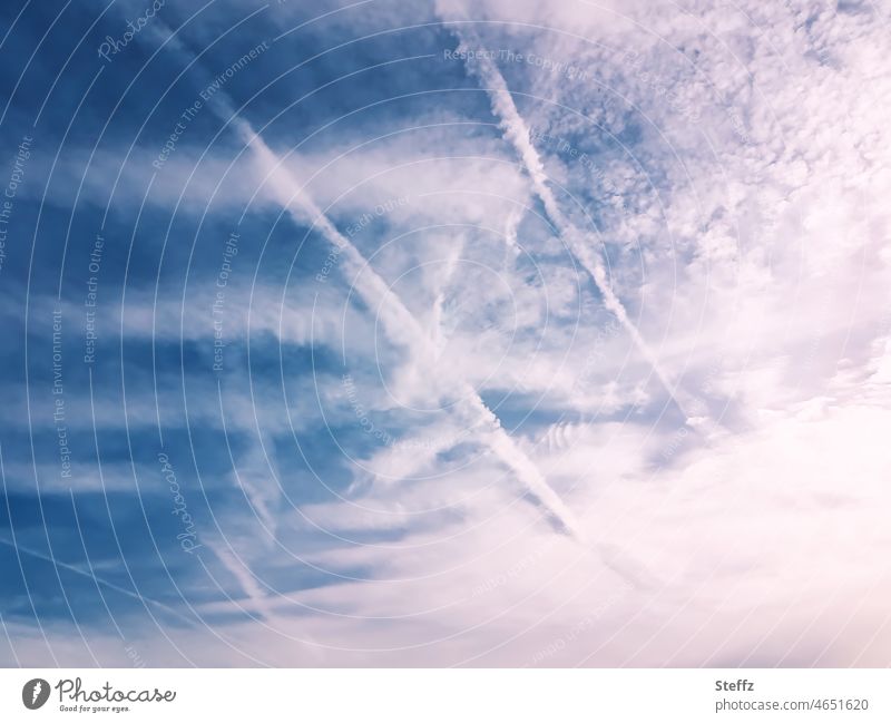 calm afternoon | signs in the sky | slowly dissolve Sky celestial sign Clouds chemtrails Vapor trail Afternoon Stripe disintegration dissolution afternoon light