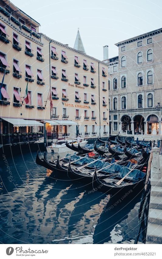 Venice side square with gondolas Looking Central perspective Deep depth of field Dawn Morning Light Shadow Contrast Copy Space middle Copy Space bottom