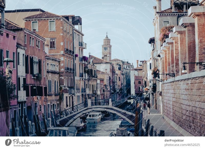 Venice side streets with bridge Looking Central perspective Deep depth of field Dawn Morning Light Shadow Contrast Copy Space middle Copy Space bottom