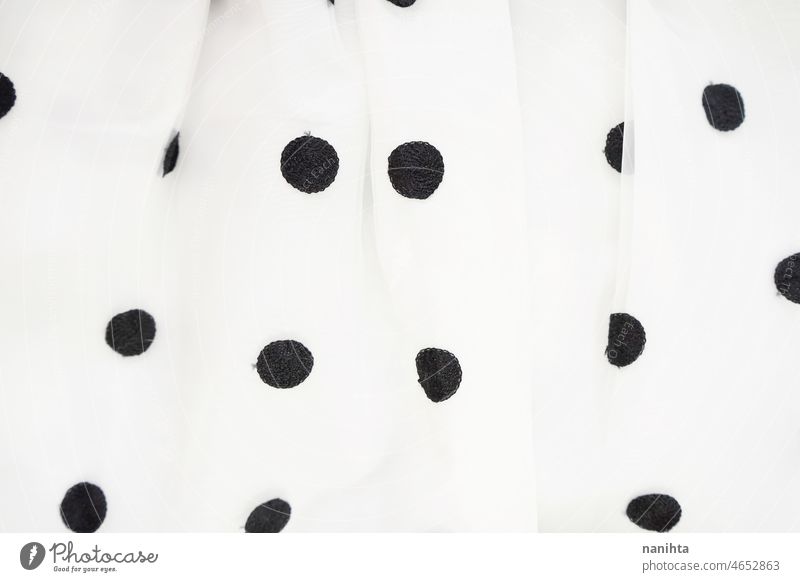 Trendy background of textile polka dots skirt elegant fashion white black texture trendy chiffon cool aesthetic clothes wedding party pattern soft light