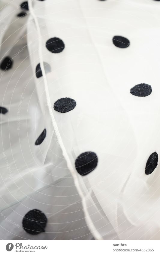Trendy background of textile polka dots skirt elegant fashion white black texture trendy chiffon cool aesthetic clothes wedding party pattern soft light