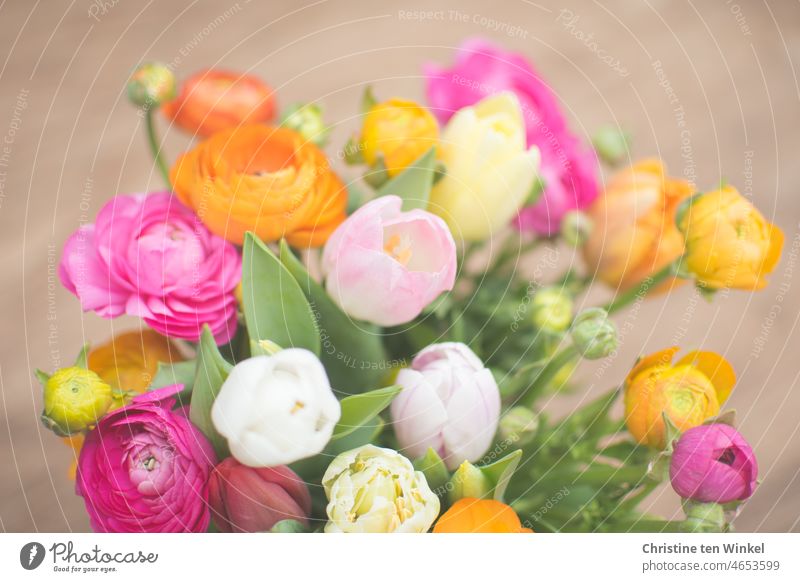Flower greeting with ranunculus and tulips / soon is Valentine's Day Bouquet Buttercup Tulip cut flowers Joy little flowers Easter Pentecost Birthday