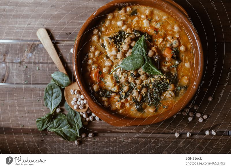 Vegan food north Spain food. Chickpeas with chard. Potaje is a typical Spanish dish. authentic bread chickpea cooked cookery cooking delicious dinner easter