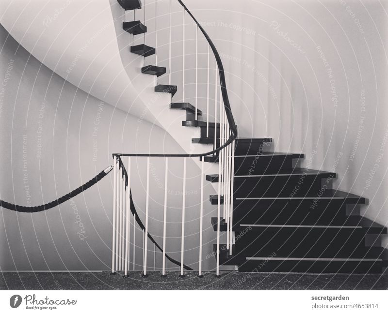 Sometimes it goes up, sometimes it goes down. However, there is blocked straight. Above Under Stairs ascent Descent Black & white photo Minimalistic Barred