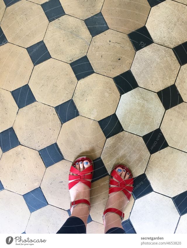 Follows the sandal! Sandal Summer floor tiles at home vintage Retro warm Fashion Red conspicuous Pattern Tile Structures and shapes Colour photo Mosaic