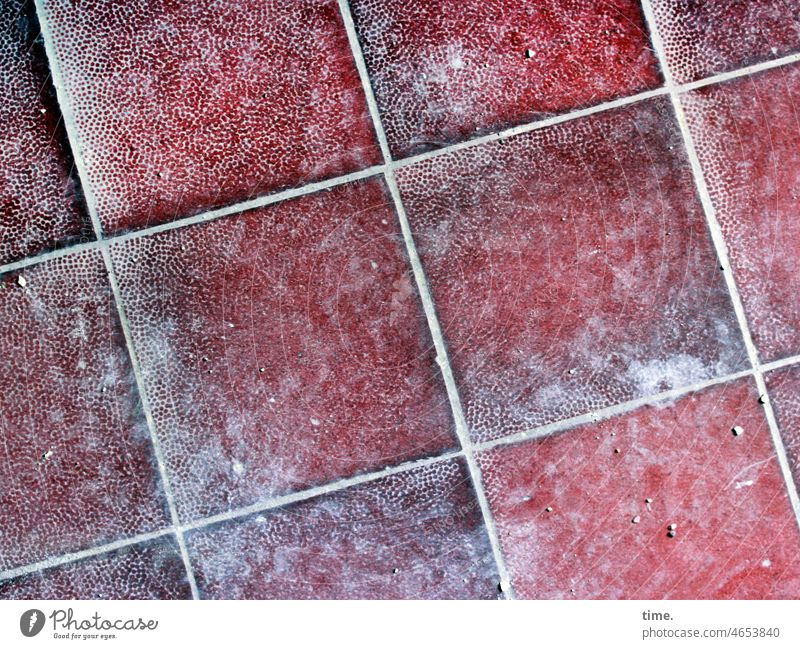 Lost Land Love | drained floor tiles Red tread texture squares Seam mislaid Plaster residue Mortar residues faded