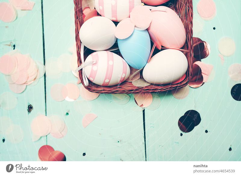 Easter decoration background with easter eggs spring birth party ovum maternity food sweet chocolate holiday candy basket bunny wood wooden theme image