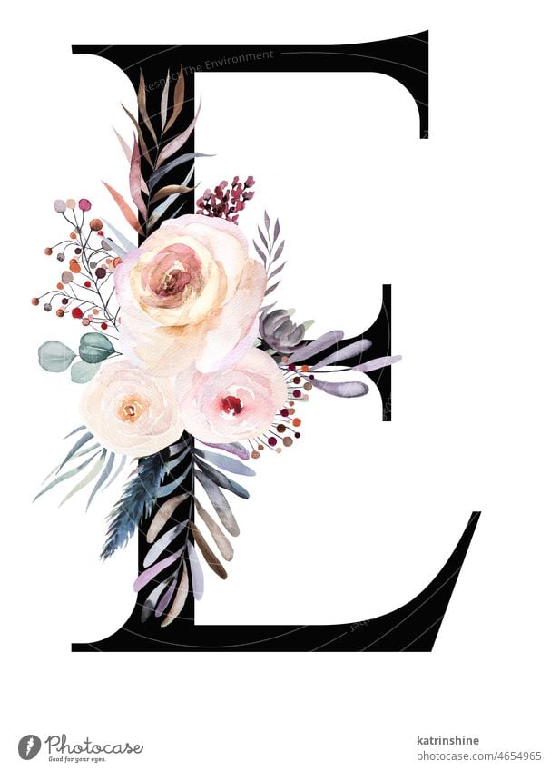 Letter E decorated with watercolor winter bouquet made of pastel flowers and leaves. Floral alphabet Botanical Character Drawing Element Hand drawn Holiday