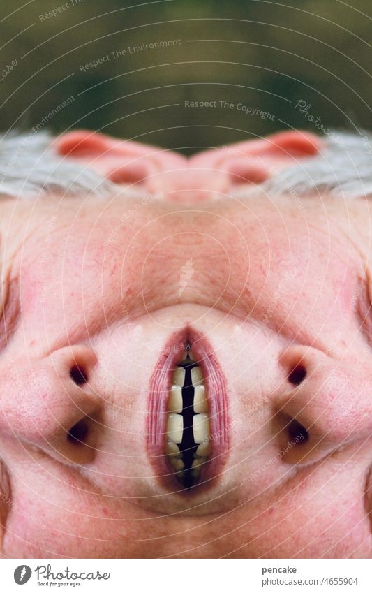 myself | as if from one mouth Face Human being reflection Mouth To talk Open detail surreal Teeth portrait Lips Woman Close-up Detail unanimous Head Nose Ear