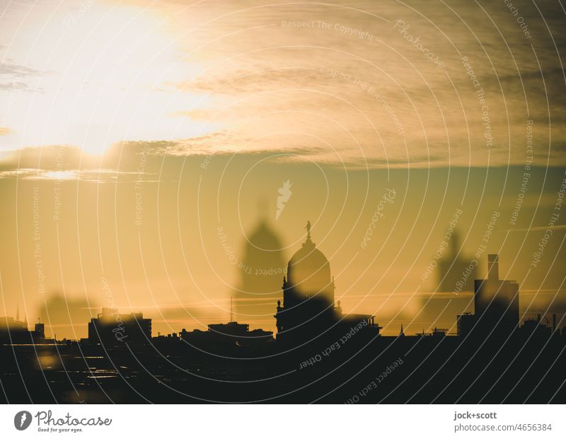 Crazy view over the big city Downtown Berlin Panorama (View) Silhouette Gendarmenmarkt Sunset Sky Clouds Double exposure Deferred Reaction Structures and shapes