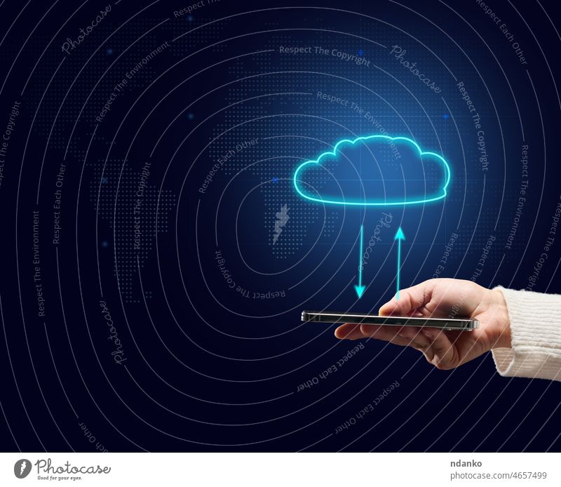 female hand holding mobile phone and virtual cloud. Sharing information, backing up, downloading and updating applications technology business digital