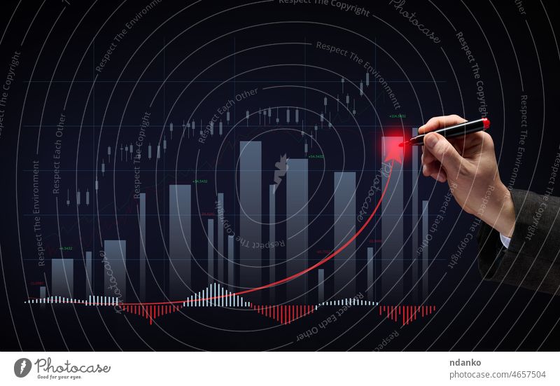 Holographic graph with growing indicators and a man's hand with a marker. Profitable business dynamics, high margin. Growth of indicators on the stock exchange