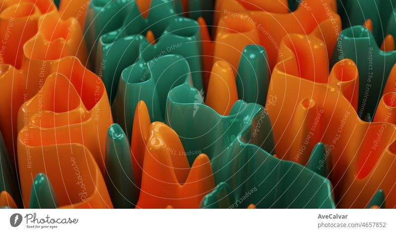 green and orange Colorful abstract forms background wallpaper. Layout design template. 3d render illustration with wavy forms glossy material. Artistic crypto nft art concept banner with copy space