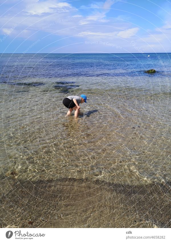 Childhood | Treasure Hunt by the Sea. Boy (child) Ocean Beach Baltic Sea Baltic beach Water clear Transparent Smooth Calm silent Contemplative search Find