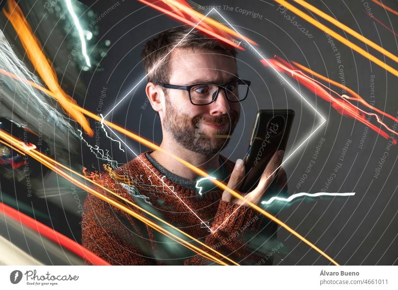 A man in the metaverse, confused, makes a stupid face, surrounded by futuristic lights and effects, while looking at his smartphone fool fooling around portrait